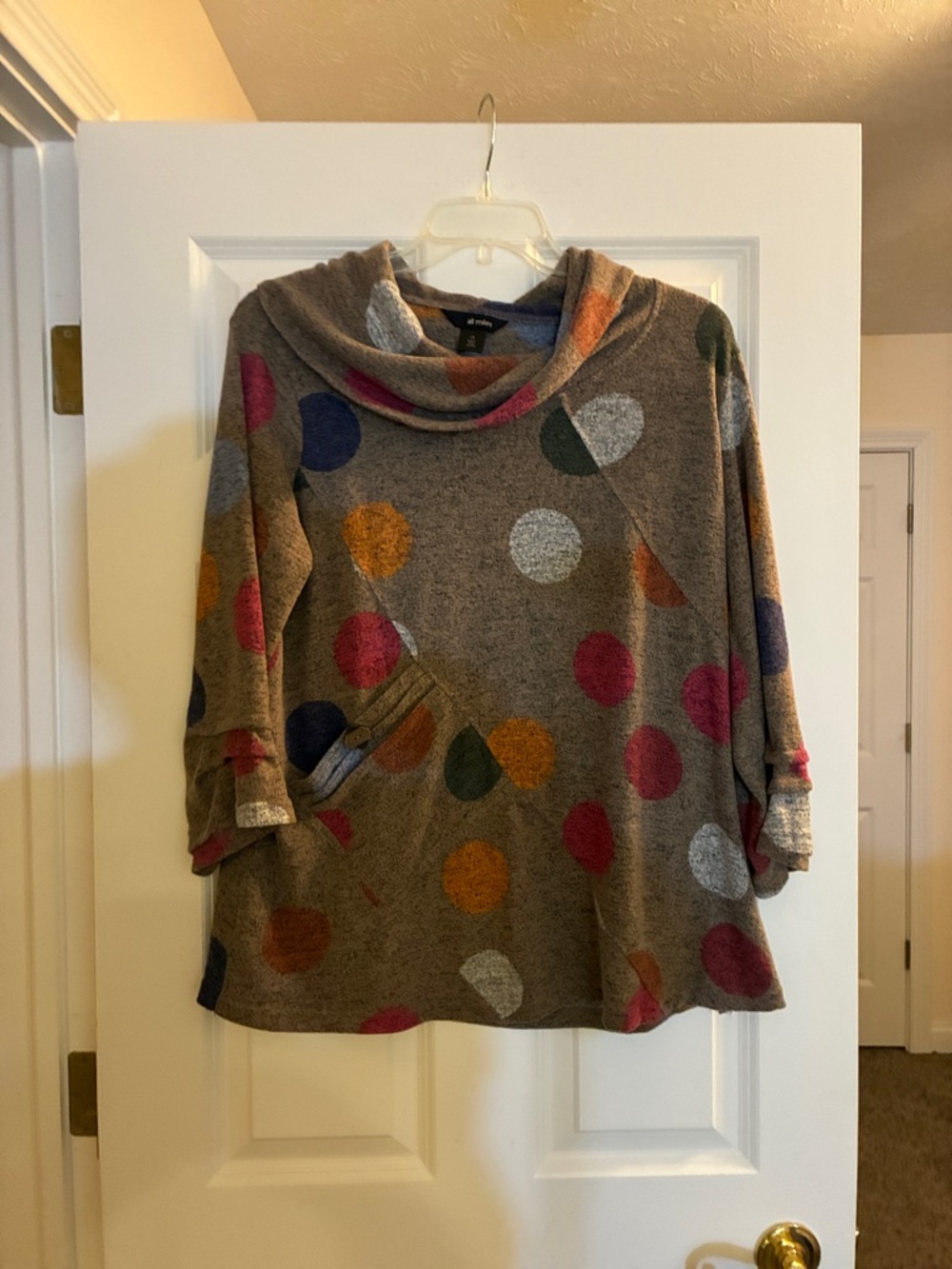 Ali Miles Brown Cowl Neck Sweater with Multicolor Dots